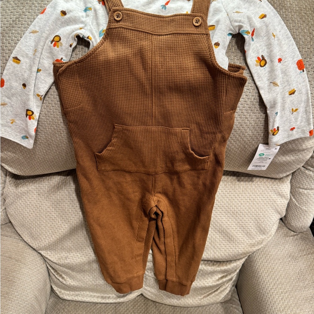 Carter's Tan Kids Overalls with Printed Shirt Thanksgiving Theme